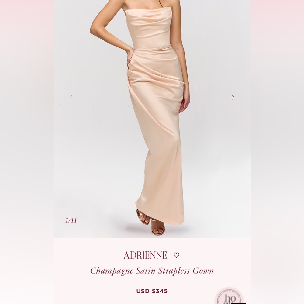 Adrienne Champagne Satin Strapless Gown - Picture 2 of 6